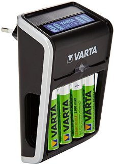 Varta 57677101441 LCD Plug Confezione Carica Batterie con 4 Batterie AA, Nero/Antracite