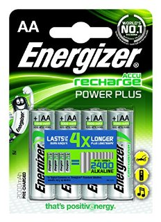 Energizer 638622 Power Plus Batteria Ricaricabile, AA, 4 Pezzi, 2000 mAh, Argento