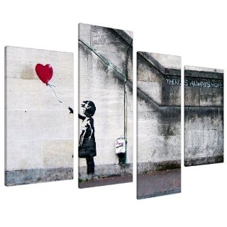 Wallfillers Canvas - Quadri Banksy con bambina con palloncino, 130 cm, XL, colore: Rosso