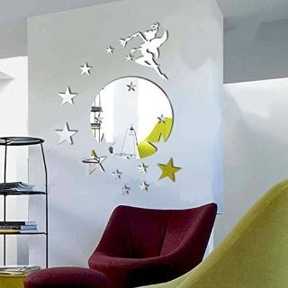 Walplus - Specchio tondo adesivo da parete, motivo: Campanellino e stelle, colore argento