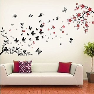 Walplus - Set di adesivi da parete: mod. WS5034 (boccioli), mod. WS5036 (ramo in fiore con farfalle nere 3D Butterfly)