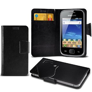 (Black) Samsung Galaxy Gio S5660 Mega sottile Protezione in ecopelle ventosa Custodia a portafoglio Pelle Copertura Caso Cover con carta di credito/debito Slot Aventus