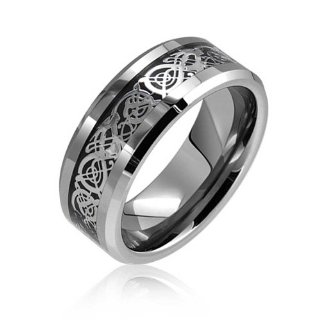 Bling Jewelry Tungsteno anello matrimoniale celtico con dragone argentato e nero intarsiato