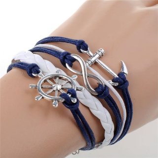 Bracciale infinito ancora timone pendenti argento nastro corda blu bianco portafortuna cordino regolabile stile marinaro