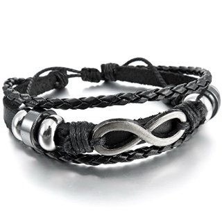 MunkiMix Lega Vera Pelle Lega Bracciale Braccialetto Polsino Argento Nero Infinity Infinito Simbolo Uomo,Donna