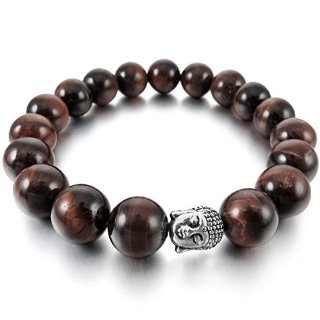 MunkiMix 12mm Lega Bracciale Energia Collegamento Polso Energia Stone Agata Agate Marrone Argento Buddha Preghiera di Mala Perline Bead Elastico Uomo,Donna