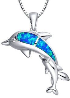 Collana con pendente da donna delfino madre e figlio con blu e verde Opale di fuoco in Argento Sterling e zirconia cubica, catenina veneziana da 46 cm - Sc023n46