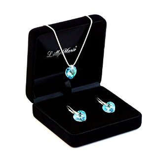 Parure in argento con Elementi Swarovski® originali, ciondolo a cuore, blu, dimensioni: 14 mm, con custodia per gioielli, ideale come regalo per mogli o fidanzate