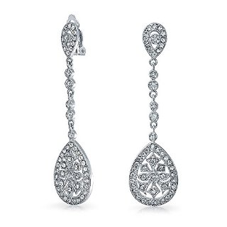 Bling Jewelry Pave CZ Art Deco Teardrop Lampadario nuziale Clip On Orecchini