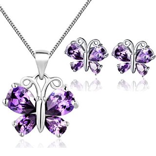 FLORAY Donna Gioielli Parure - Porpora Farfalla Zaffiro Pendente Collane e Stud Orecchini, Argento Sterling Catena