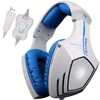 SADES A60 - Cuffie da Pro Gaming USB con Suono Surround 7.1, Vibrazione, Microfono ad alta sensibilità, Deep Bass, Controllo del Volume, Luci a Led e Wolf Logo (Bianche)