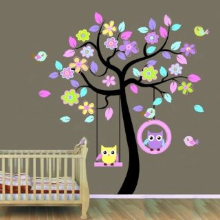 WallStickers Decal - Decalcomania da parete raffigurante un albero con gufetti in altalena, dimensione XXL 60 x 90 cm, 2 parti, colore: Vari colori/Trasparente