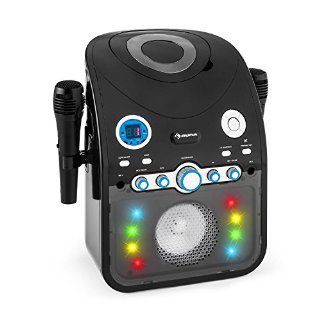 Auna Starmaker impianto karaoke con lettore CD e bluetooth (2 microfoni, Effetti luce multicolore, cavo A/V) Nero