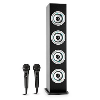 oneConcept Karaboom Cassa Karaoke Bluetooth a torre (4 altoparlanti, USB SD MP3 AUX, Radio FM, 2 x Microfoni) Nera