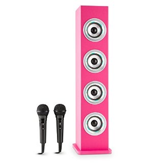 oneConcept Karaboom Cassa Karaoke Bluetooth a torre (4 altoparlanti, USB SD MP3 AUX, Radio FM, 2 x Microfoni) Rosa