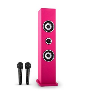 oneConcept Karaboom Cassa Karaoke Bluetooth a torre (2 altoparlanti, AUX, Radio FM, 2 x Microfoni) Rosa