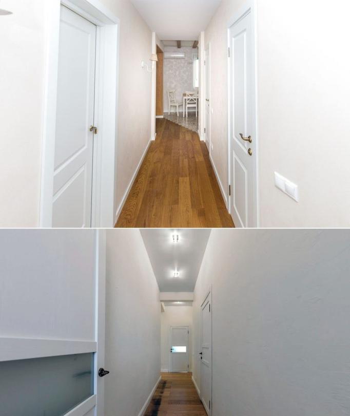 Pareti e parquet dipinti di bianco nel design del corridoio #designerinterior # corridoio
