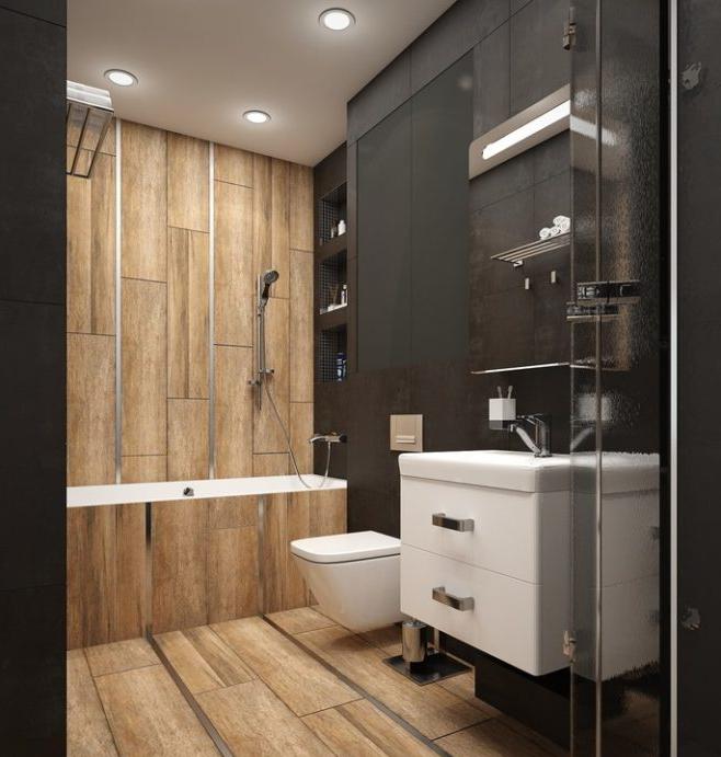 Colore nero e legno in bagno in stile loft #designato