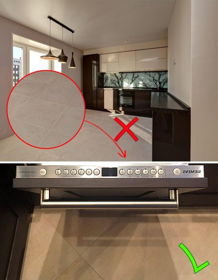 Design del pavimento della cucina con piastrelle rettificate e malta grigia e regolare