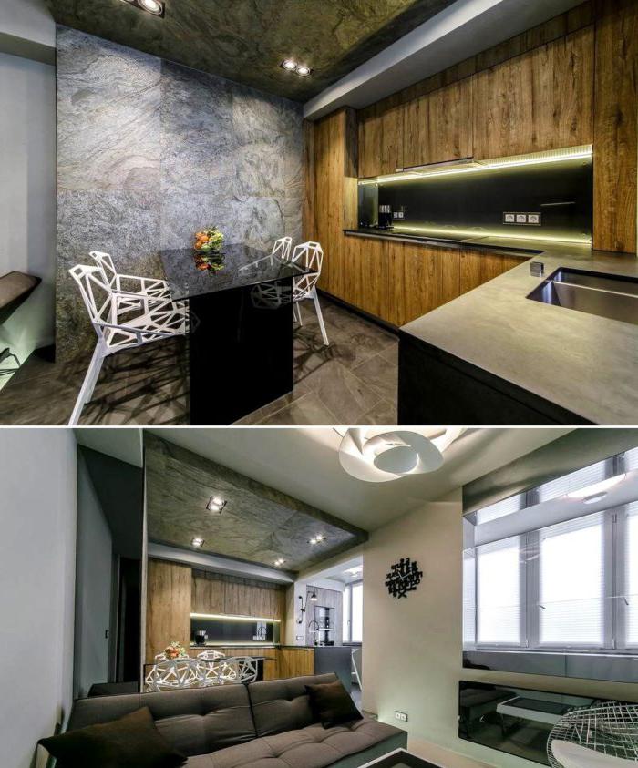 2 foto del design della cucina in un moderno loft