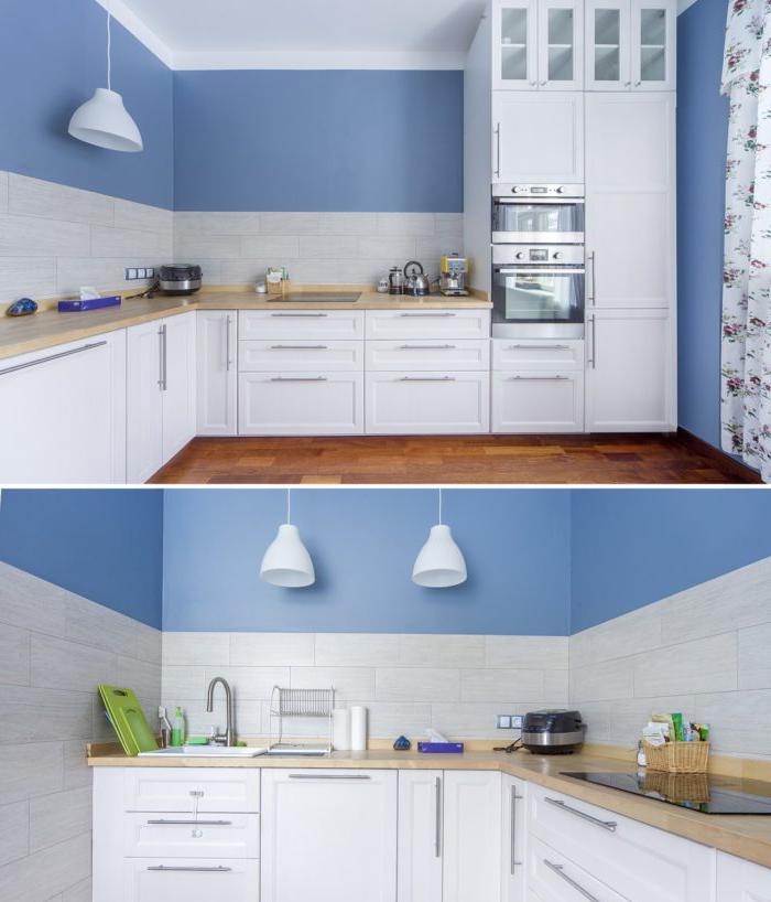 Cucina in stile scandinavo bianco senza armadi superiori con parete blu