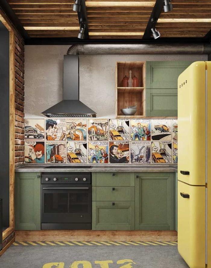 La combinazione di colori della cucina in stile loft - giallo e hakki