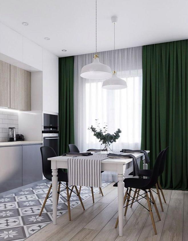 Tende verde scuro negli interni moderni della cucina