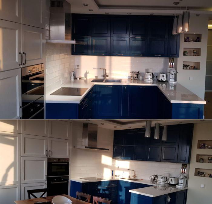 cucina ad angolo blu a forma di U.
