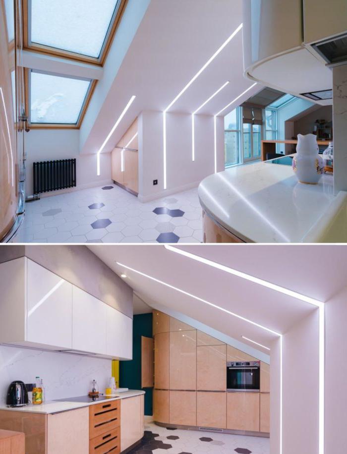 design cucina soggiorno high-tech con luce nascosta